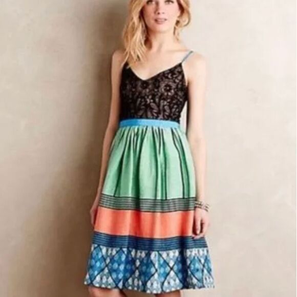 Tracy Reese Multicolor Mosaic Stripe Mini Dress Silk Linen‎ Floral Lace Size 4P - Picture 1 of 7
